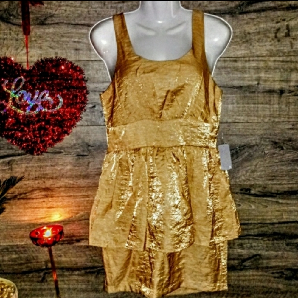 Love 21 Dress Size S Peplum Ruffle Gold NWT - Picture 2 of 10